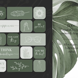 May include: A set of 10 green and white digital planner stickers with motivational quotes and illustrations. The stickers include quotes like "new day", "happiness", "be special", "you got this", "think positive", "you're the best", and "don't give up".