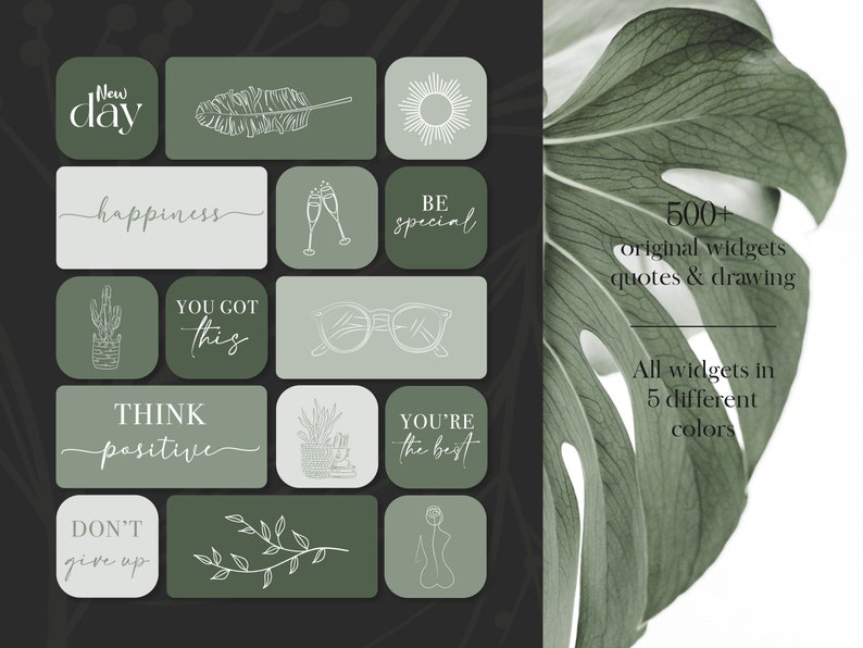 May include: A set of 10 green and white digital planner stickers with motivational quotes and illustrations. The stickers include quotes like "new day", "happiness", "be special", "you got this", "think positive", "you're the best", and "don't give up".