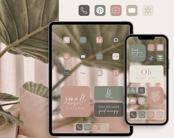 iOS green and pink app icons, neutral icon pack - aesthetic original homescreen for iPhone and iPad - widgets and wallpapers