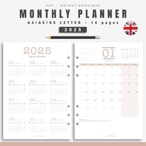 Agenda mensual 2025 beige para imprimir - 1 página por mes - Planificador imprimible en formatos A4, A5 y carta US - Recarga de calendario para agenda