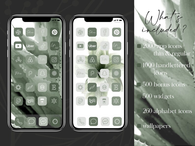 May include: Two iPhone screens displaying a green and white app icon pack. The text "What's included?" is on the right side of the image with a list of the included items: 2000 app icons, 1000 handlettered icons, 500 bonus icons, 500 widgets, 260 alphabet icons, and wallpapers.