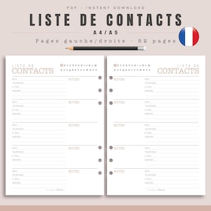 Peut inclure: Modèle de liste de contacts imprimable au format A4/A5. Le modèle comporte deux pages, chacune avec une liste de champs pour le nom, le numéro de téléphone, l'e-mail et l'adresse. Le modèle comprend également une section de notes pour chaque contact. Le modèle est conçu pour être utilisé avec un classeur à anneaux.