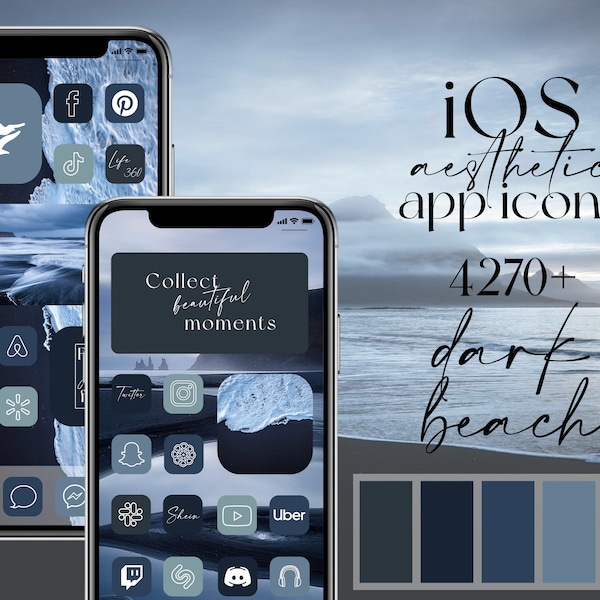 iOS dark blue beach app icons, somber beach pack icons, aesthetic line art and picture widgets, dark sea home screen