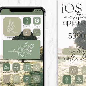 May include: A phone screen displaying a collection of green and white app icons with nature-themed designs. The icons include a branch with leaves, a flower, a sun, and a bell. The text "iOS 14 aesthetic app icons 5990+ nature collection" is displayed on the right side of the image.