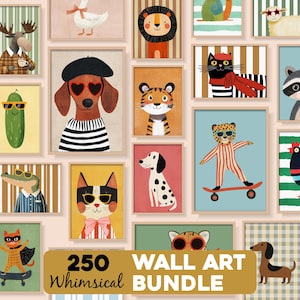 Peut inclure: Ensemble d'impressions d'art mural encadrées avec des illustrations d'animaux fantaisistes. L'œuvre comprend un teckel portant des lunettes de soleil en forme de cœur, un chat avec des lunettes de soleil et un léopard sur un skateboard. Le texte indique "250 Wall Art Bundle Whimsical."