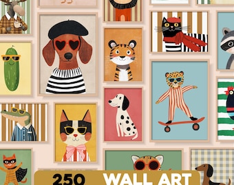 Lote de 250 carteles digitales de animales retro para la decoración de habitaciones infantiles (niño/niña).