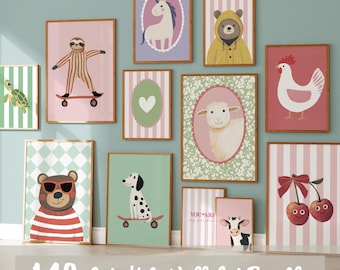 May include: A collection of framed wall art for children, featuring various animal and object illustrations. The artwork includes a sloth on a skateboard, a unicorn, a bear in a raincoat, a sheep, a dalmatian on a skateboard, a cow, cherries, and a chicken. The text at the bottom reads "140 Cute Kids Wall Art Bundle."