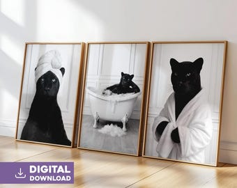 Black panther bathroom posters, black and white, set of 3 animal posters, modern minimalist wall decor