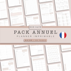 Peut inclure: Un planificateur annuel imprimable en français avec le texte "Pack Annuel Planner Imprimable A4/A5 | 98 Pages" et un drapeau français.