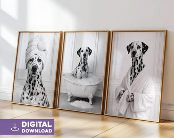 Dalmatian posters for the bathroom, set of 3 black and white illustrations, funny dog wall decor