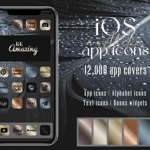 May include: A phone screen mockup with a black background and a variety of app icons in metallic colors. The text "iOS aesthetic app icons" and "12,000 app covers" is displayed on the screen. The text "App icons | Alphabet icons Text icons | Bonus widgets" is also displayed. The phone screen is surrounded by a feather with water droplets.