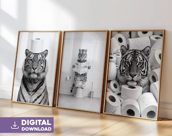 Tiger bathroom wall art set of 3 digital download funny animal toilet print