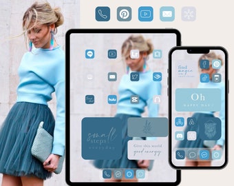 Iconos de aplicaciones de iOS en azul brillante para iPhone y iPad, widgets, fondos de pantalla y citas.