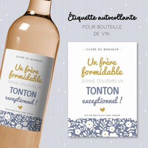 Étiquette fleurie bouteille de vin pour frère et futur oncle. Cadeau original pour l'annonce de l'arrivée d'un bébé