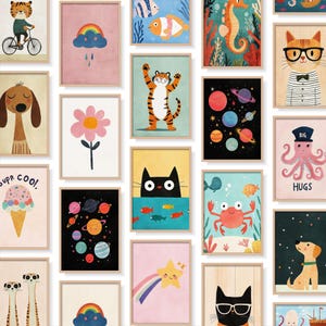 Puede incluir: Colecci&oacute;n de l&aacute;minas art&iacute;sticas enmarcadas con ilustraciones caprichosas de animales y naturaleza. Incluye un tigre en bicicleta, un perro, un gato con gafas, un pulpo sonriente, planetas y un arco&iacute;ris.