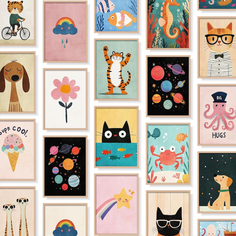 Puede incluir: Colecci&oacute;n de l&aacute;minas art&iacute;sticas enmarcadas con ilustraciones caprichosas de animales y naturaleza. Incluye un tigre en bicicleta, un perro, un gato con gafas, un pulpo sonriente, planetas y un arco&iacute;ris.