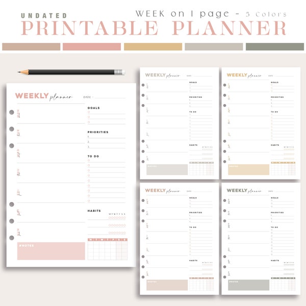 Planner hebdomadaire non daté imprimable 5 couleurs - Téléchargement instantané - Formats A4, A5, US Letter