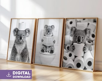 Koala bathroom wall art set of 3 digital download funny animal toilet print