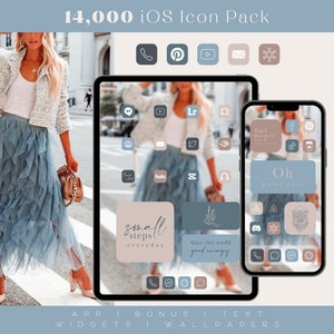 iOS ブルーとベージュのアプリ アイコン、iPhone および iPad 用、ウィジェット、壁紙の引用 - フルセット 14,000 ファイル