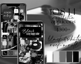 Rock'n roll iOS app icons, pack of 5 different black and white icons, aesthetic widgets, 15 wallpapers, rock'n roll aesthetic home screen