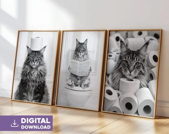 Cat bathroom wall art set of 3 digital download funny animal toilet print