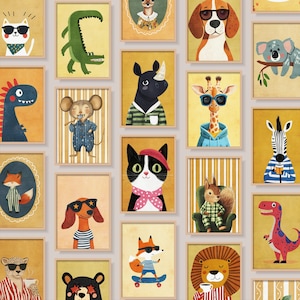 May include: A series of framed animal prints, each depicting a different animal in stylish attire. The illustrations include a cat, a crocodile, a dog, a giraffe, a rhino, and a zebra, among others. The backgrounds are yellow and beige, with wooden frames.