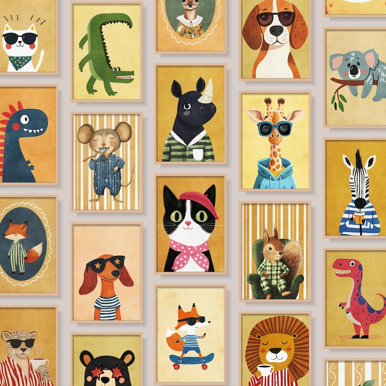 May include: A series of framed animal prints, each depicting a different animal in stylish attire. The illustrations include a cat, a crocodile, a dog, a giraffe, a rhino, and a zebra, among others. The backgrounds are yellow and beige, with wooden frames.