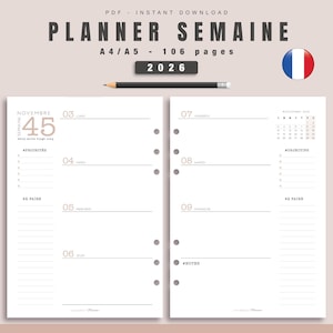 Puede incluir: Un planificador semanal con un calendario para noviembre de 2023. El planificador está en francés y tiene secciones para prioridades, lista de tareas y notas. El planificador está diseñado para papel A4 o A5 y tiene 106 páginas.