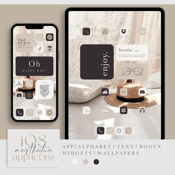 iOS beige and black app icons, neutral homescreen pack - aesthetic original set for iPhone and iPad - widgets and wallpapers