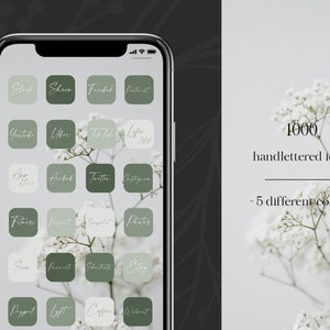 May include: A smartphone screen displaying a grid of 20 app icons with hand-lettered names. The icons are in various shades of green and white. The text "1000 handlettered icons - 5 different colors -" is visible on the right side of the image.