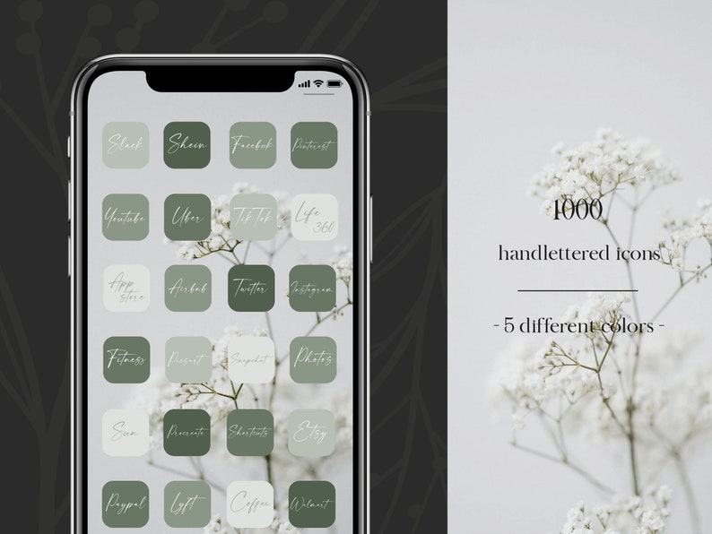 May include: A smartphone screen displaying a grid of 20 app icons with hand-lettered names. The icons are in various shades of green and white. The text "1000 handlettered icons - 5 different colors -" is visible on the right side of the image.