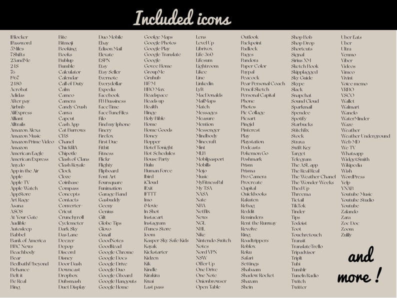 May include: A list of over 200 app icons, including popular apps like Facebook, Instagram, Amazon, Google, and Twitter. The list is organized alphabetically and includes a variety of categories, such as social media, shopping, entertainment, and productivity. The text "and more!" is at the bottom of the list.