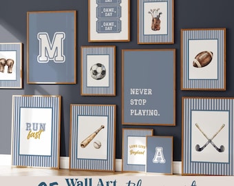 Boys sports wall art bundle digital — slate blue varsity prints bedroom playroom decor