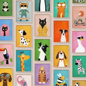 Collection d’affiches enfantines style vintage avec personnages ludiques et couleurs douces.