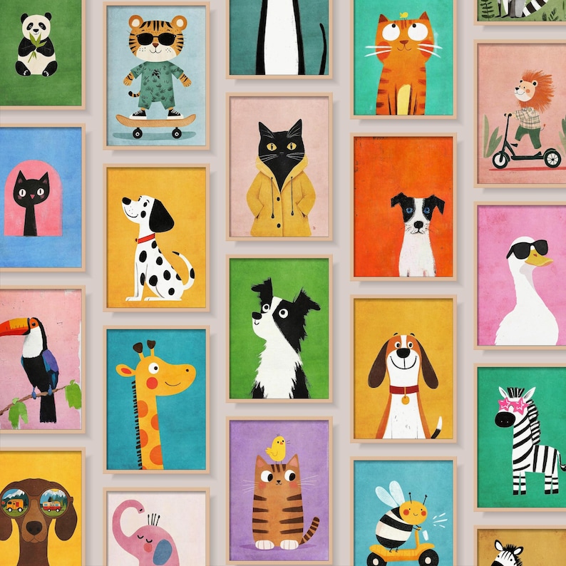 Collection d’affiches enfantines style vintage avec personnages ludiques et couleurs douces.