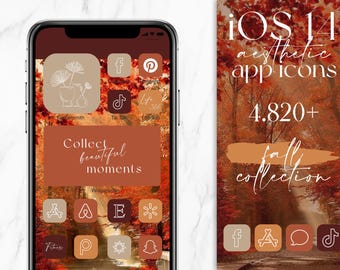 May include: A collection of autumn-themed app icons for iOS 14. The icons are in a variety of colours, including brown, orange, and white. The icons are arranged in a grid on a phone screen. The text "iOS 14 aesthetic app icons" and "4.820+ fall collection" is visible in the image.