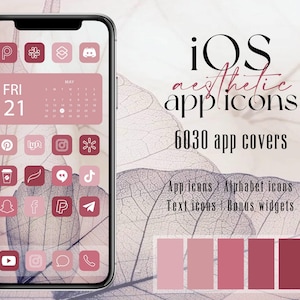 iOS pink app icons, pack of rose tones icons, aesthetic line art widgets, pink wallpapers, handwriting and alphabet app icons