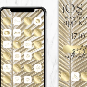 May include: A collection of 1710+ gold app icons for iOS 14. The icons are displayed on a white iPhone screen with a gold palm leaf background. The icons are in a grid pattern and feature various popular apps, such as Uber, Pinterest, and Instagram.