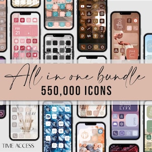 Könnte beinhalten: Eine Collage von Bildern, die verschiedene Designs für den Startbildschirm des Telefons mit verschiedenen Iconstilen und Farbpaletten zeigen. Der Text "All in one bundle 550,000 ICONS" wird in der Mitte des Bildes angezeigt. Der Text "LIFE TIME ACCESS" wird am unteren Rand des Bildes angezeigt.