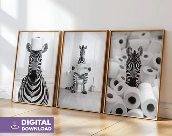 Zebra bathroom wall art set of 3 digital download funny animal toilet print