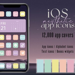 Könnte beinhalten: Ein Mockup eines iPhone-Bildschirms mit einem Kalender, der Freitag, den 21. Mai zeigt. Der Bildschirm ist mit bunten App-Symbolen gefüllt, darunter Netflix, YouTube, Instagram und mehr. Der Text "iOS aesthetic app icons" und "12.000 App-Cover" wird über dem Telefon angezeigt. Unter dem Telefon befinden sich sechs Farbmuster in Pastelltönen von Blau, Grün, Gelb, Orange, Rosa und Lila.