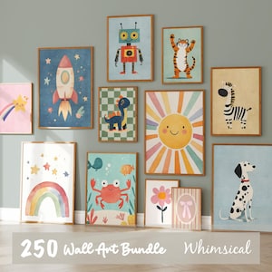 Peut inclure: Ensemble de tableaux encadrés avec des illustrations fantaisistes. L'art comprend une fusée, un robot, un tigre, un dinosaure, un soleil, un zèbre, un arc-en-ciel, un crabe, une fleur et un chien dalmatien. Le texte "250 Wall Art Bundle Whimsical" est visible.