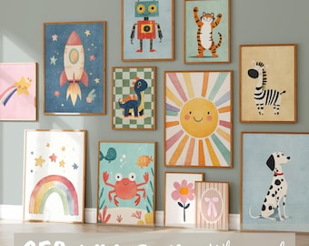 Paket mit 250 digitalen Postern mit Tiermotiven, Sonne und Regenbögen zur Dekoration von Baby- und Kinderzimmern.