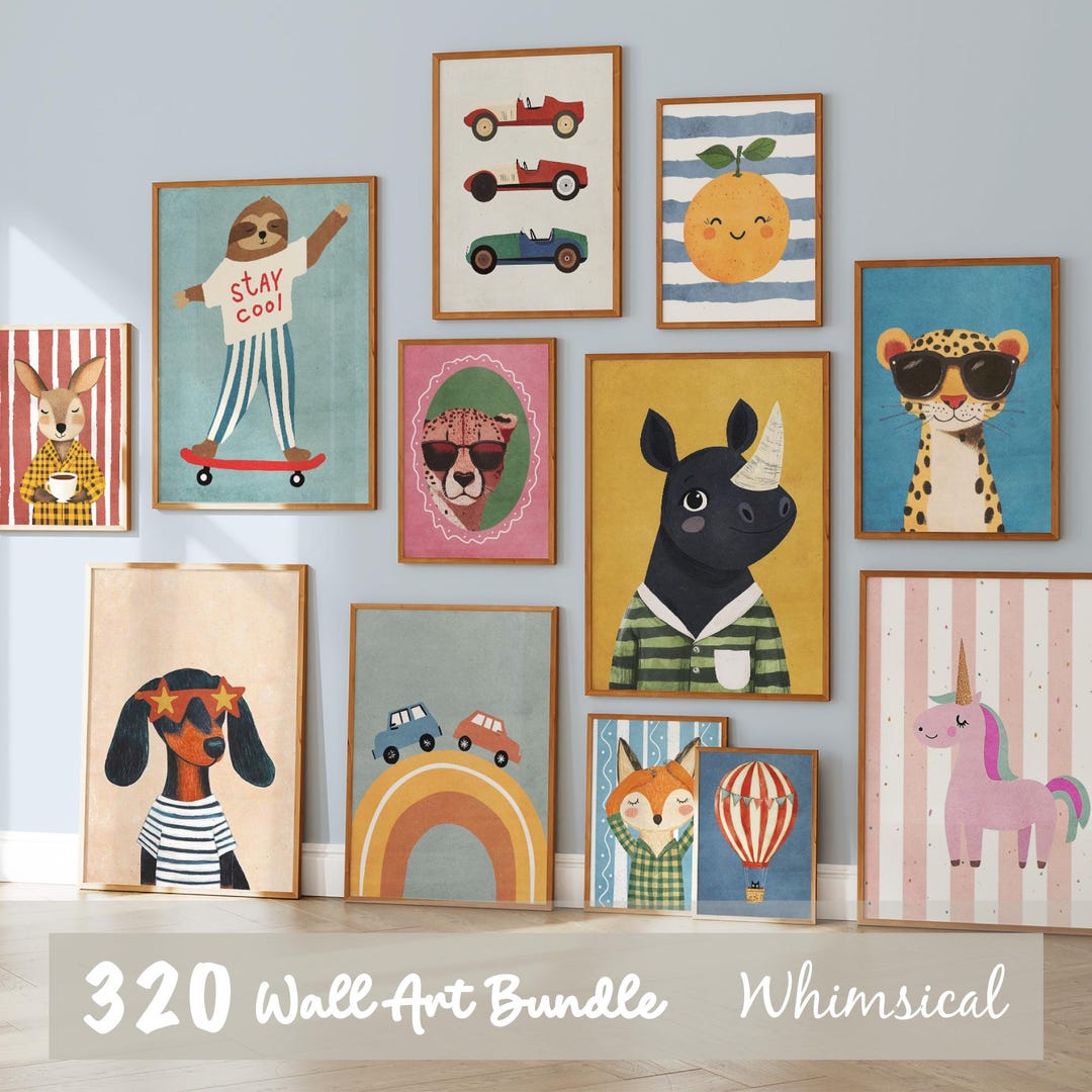 Kids wall art bundle digital download — 320 whimsical animal prints boys girls room