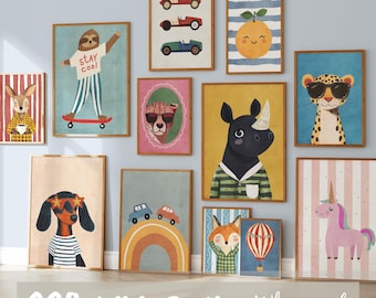 Lote de 320 carteles de animales divertidos: unicornio, arcoíris, decoración multicolor y archivos imprimibles.