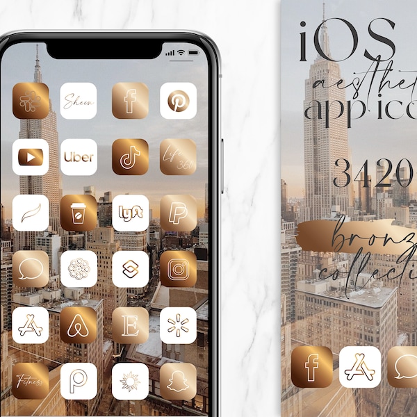 Icônes iOS bronze métallisé - icônes esthétiques, widget bronze et fonds d'écran pour iPhone iOS 14 image & texte, widgets bronze