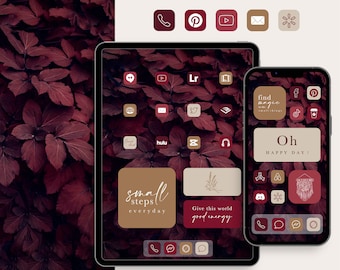 Op de afbeelding: Een digitale illustratie van een telefoonscherm met een verscheidenheid aan app-pictogrammen in een bordeauxrood en beige kleurenschema. De pictogrammen zijn in een raster gerangschikt en omvatten populaire apps zoals Instagram, Pinterest, YouTube en Hulu. De tekst "small steps everyday" staat op een beige pictogram. De achtergrond is een wazig beeld van rode bladeren.