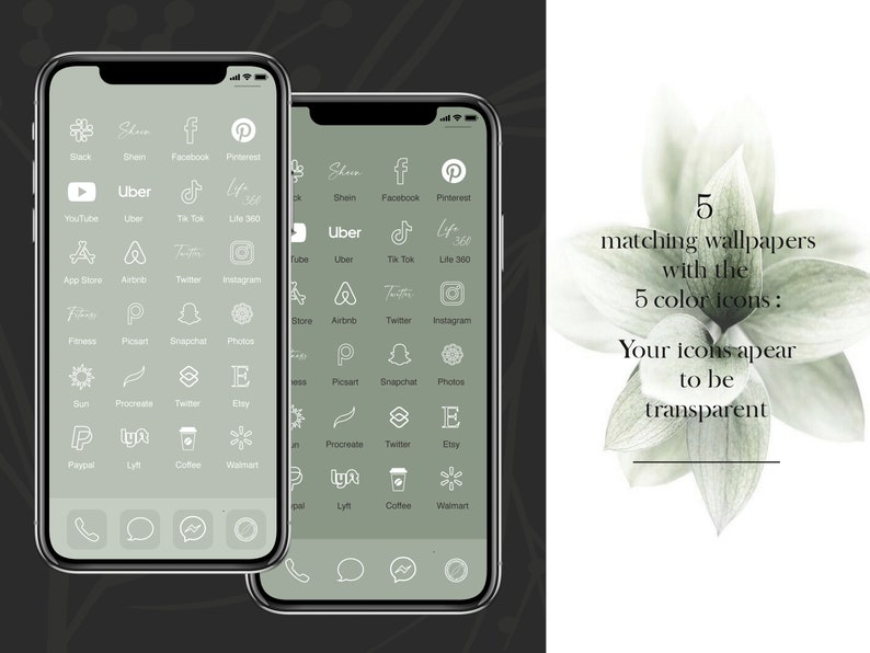 May include: Two iPhone screens with a green background and white outlines of popular apps. The text "Uber" is visible on both screens. The text "5 matching wallpapers with the 5 color icons: Your icons appear to be transparent" is visible on the right side of the image.