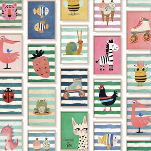 Puede incluir: Una colecci&oacute;n de l&aacute;minas art&iacute;sticas enmarcadas con ilustraciones de animales caprichosas. Las l&aacute;minas muestran una variedad de criaturas, incluyendo un tigre, peces, una abeja, un caracol, una cebra y un gato, sobre fondos a rayas de colores. El texto "Thinking of You" es visible en una l&aacute;mina.