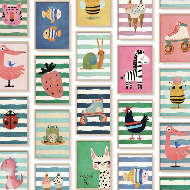 Puede incluir: Una colecci&oacute;n de l&aacute;minas art&iacute;sticas enmarcadas con ilustraciones de animales caprichosas. Las l&aacute;minas muestran una variedad de criaturas, incluyendo un tigre, peces, una abeja, un caracol, una cebra y un gato, sobre fondos a rayas de colores. El texto "Thinking of You" es visible en una l&aacute;mina.